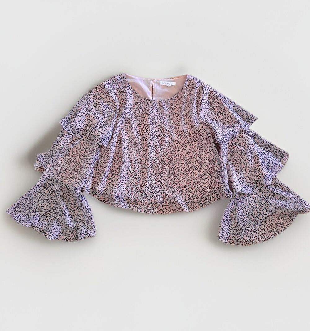 BCBG Generation MaxAzria Pink Cape Top Blouse Shimmer Ruffle Sleeve Women Small